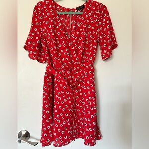 Floral Red Dress with Belt